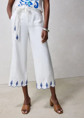 bonprix Leinen-Culotte mit Gürtel (2 tlg. Set), weiß, Gr.46, schöne Premium Leinen-Culotte mit passendem Bindegürtel und schmückender Stickerei, aus Leinen