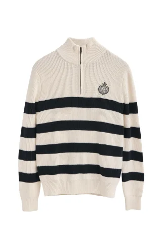 Pullover ecru und marineblau gestreift mit maritimem Polo Club-Patch
