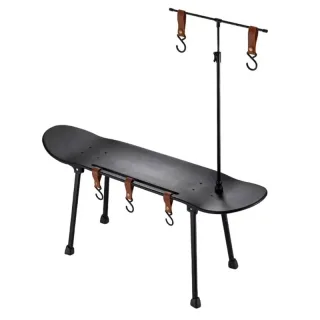 Xmund Skateboard-Inspired Camping Foldable Table with Wood Desktop, Portable, Adjustable Lamp Holder 5 Hanging Hooks Mul