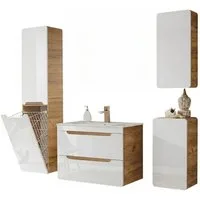 Lomadox Badmöbel-Set LUTON-56, (Spar-Set, 5-St., Hängeschrank Hochschrank Spiegelschrank Unterschrank Waschtisch), Hochglanz weiß mit Wotan Eiche, Waschtisch 80 cm