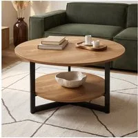 skølm Couchtisch Drakkar aus Massivholz Eiche, Tisch mit Metallgestell (Natur), Wohnzimmertisch Ø70 cm mit 2 Ablageflächen