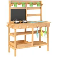 COSTWAY Outdoor-Spielküche Holz, Mit herausnehmbaren Spülen, Blumentöpfen, Pflanzzubehör