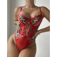 Elegant Love Stringbody Bodysuit aus Blumenstickerei Spitze - Sexy mesh Dessous Transparentes Lingerie mit zarten Blumenmustern