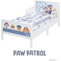 roba® Kinderbett Paw Patrol, Themenbett inkl. Bettwäsche & Lattenrost, Montessori Kleinderkinderbett aus Holz - Weiß / Blau