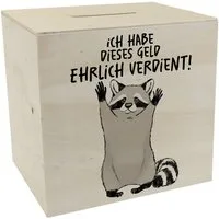 speecheese Spardose Waschbär Spardose aus Holz mit Spruch Ich habe dieses Geld ehrlich