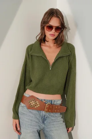 Strukturiertes Langarm-Pullover mit Reißverschlusskragen