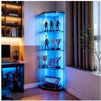 Simurq Glasvitrine Eckvitrine 162cm LED Sammlervitrine,4 Lagen Eck-Glasvitrine Stehend (Packung, Sammlervitrine Schauvitrine mit 1 türen und Schloss, Gehärtetes Glas) LED-Streifenbeleuchtung, Mit Schloss,Fünfeckiges Design,Einzeltür