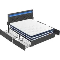 VASAGLE Polsterbett inkl. ergonomischer Matratze, mit LED(25 Farben), USB, 4 Schubladen, 180x200 cm, 4 Schubladen, USB, H3
