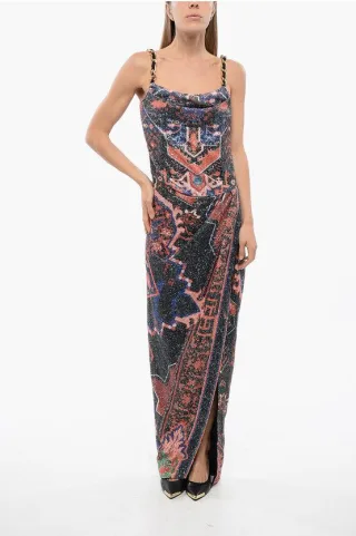 Paillettenkleid mit Ketten und tiefem Schlitz in Orange