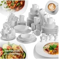 tectake Geschirr-Set Tafelservice 100-teilig für 12 Personen, ineinander stapelbar (100-tlg), 12 Personen, Porzellan, aus Porzellan, mit Glasur, spülmaschinen- und mikrowellengeeignet