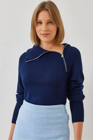 Fitted Acrylstrickpullover mit Reißverschlusskragen