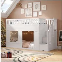 Flieks Hochbett Kinderbett Hausbett 90x200cm mit Stauraumtreppe und Rausfallschutz