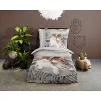 PURE luxury collection Kinderbettwäsche Snooze, Microfaser, 2 teilig, Mikrofaser, 135x200, Pflegeleicht, Reißverschluss, Wende, Kind, Katze