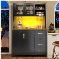 Flieks Küchenbuffet mit Arbeitsplatte in Holzoptik, LED-Beleuchtung, Glastür und Schublade (1-St., B105,5/T40/H180 cm) Hochschrank Küchenschrank Mehrzweckschrank Geschirrschrank Schwarz