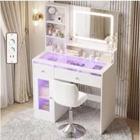 HOMALL Schminktisch Frisiertisch mit Spiegel und RGB-LED-Lichtleiste (Maße: 88 x 40 x 135 cm, 4 offene Ablagefächer, 2 Schubladen, 1 Schrank, 2 Steckdosenleisten, 1 USB-Anschluss, 1 Typ-C-Anschluss, LED-Beleuchtung mit drei einstellbaren Farbtönen, S