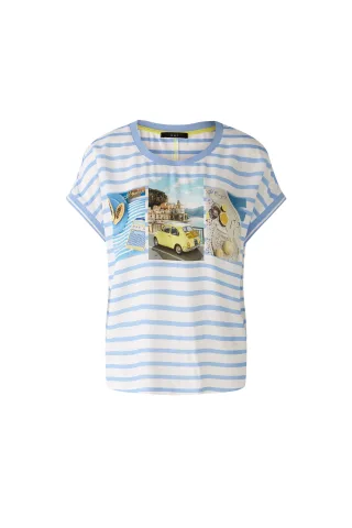 Oui - Blusenshirt Viskosepatch offwhite blue - Gr. - 46