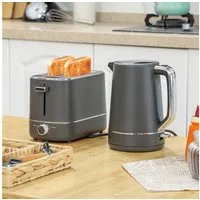 HOMCOM Toaster Frühstück-Set, Thermostat, 1,7L, Aufwärmen & Auftauen, Kalkfilter, 2 Schlitze, für 2 Scheiben, 2200 W, Wasserkocher und Toaster mit 6 Bräunungsstufen, Stahl, Grau