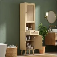 Flieks Badkommode schmal Hochschrank mit Rattan-Türen und Schubladen, Massivholzbeine (Türanschlag rechts oder links wechselbar, 1 St., 40×30×166 cm), Badezimmerschrank Multifunktionsschrank Soft-Close-Funktion Natur