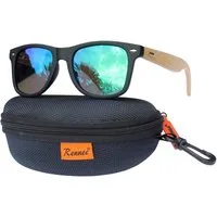 Rennec Sonnenbrille (Brille mit Bambus Holz Bügel und Brillenbox) Retro Brille mit Polarisierten Verspiegelten Gläsern
