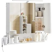 VASAGLE Spiegelschrank Badezimmerschrank, Badschrank, Wandschrank (mit LED-Beleuchtung) mit Stecker, Hängekorb, Haartrockner-Halter, wolkenweiß