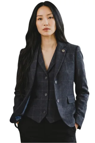 Damen-Marineblau zweiteiliger karierter formeller Tweed-Blazer und Westenset – TPSTZ-7