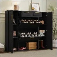 Flieks Schuhschrank Schuhkommode mit 2 Klappen, verstellbaren Einlegeböden & 2 Schubladen (1-St., B120/T24/H107 cm) Schuhkipper Schuhregal mit goldenen Metallgriffe und 7 Fächer, Schwarz