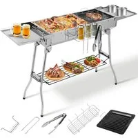 TLGREEN Holzkohlegrill BBQ Charcoal Grill mit Antihaft-Pfanne, Klappgrill Edelstahl mit gusseisenpfanne,Tragbar Camping Grill