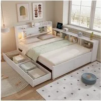 Flieks Holzbett, Doppelbett Kinderbett 140x200cm mit LED Stauraum Aufladen 2 Schubladen