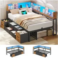 MSMASK Daybett Schlafsofa mit LED-Beleuchtung & Ladestation, Jugendbett Kinderbett, mit Integriertem Bücherregal & 6 Schubladen, 90x190cm