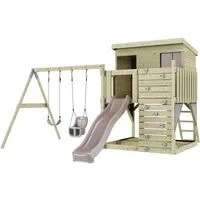 OutdoorToys Spielturm Nils, aus Holz in Altrosa mit Babyschaukel & Rutsche, Kletterwand