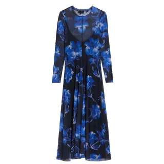 Ted Baker Rozeen Mesh Langarmkleid Mit Print, Blau, Midi-länge
