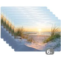MuchoWow Platzset Strand - Sonne - Düne - Gras - Sand - Horizont, (6-St), Platzsets, Tischset, Abwaschbar, Tischsets, Platzdeckchen