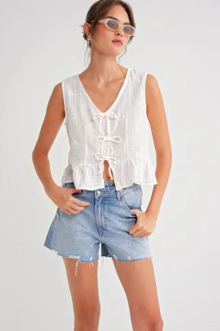 Strukturierte V-Ausschnitt Crop-Bluse mit Schleife