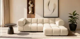 Ecksofa Designersofa BLANCHE in Stoff Bluvel Creme Ottomane Rechts