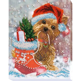 Perlen-Stickbild "Weihnachten mit Hund", 20 x 25 cm