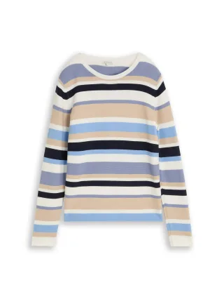 Tom Tailor - Strickpullover aus Baumwolle navy blue beige stripe - Gr. - M