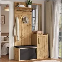 Merax Garderoben-Set mit Spiegel & gepolsterter Sitzbank, Flurmöbel in Eichen-Holzoptik, (1-St), Kompaktgarderobe mit Schuhschrank,Haken,Soft-Close-Türen,100×185×38cm