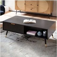 FINEBUY Couchtisch FB103424 Sofatisch 110x60 cm Schwarz Eiche Wohnzimmertisch Stauraum (110x60 cm, Sofatisch mit Stauraum Schwarz Modern), Wohnzimmertisch Kaffeetisch mit Eiche-Dekor