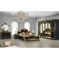 Interdesign24 Schlafzimmer-Set Donna, (6-Teilig, inkl. Spiegeltüren und Polsterung im Kopf- und Fußteil, im ausgefallenem Barock-Stil), Bett 160 x 200 cm, in Hochglanz Schwarz/Gold