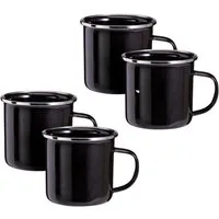 HAC24 Tasse Emaille Becher Camping Kaffee Tee Kaffeebecher Kaffeetasse, 4-tlg., Eisen, 350 ml Schwarz mit Griff