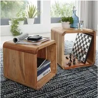 FINEBUY Satztisch FB43514 2er Set Massivholz Wohnzimmertisch Landhaus Cube (Beistelltisch 2er Set Akazie Massivholz Modern), Wohnzimmertisch Quadratisch, Sofatisch Couchtisch