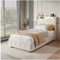 ADWOLT Stauraumbett Polsterbett mit Lattenrost und LED-Beleuchtung, Jugendbett 90x200cm mit USB&Type-C,Kinderbett mit 2 Schubladen,Beige