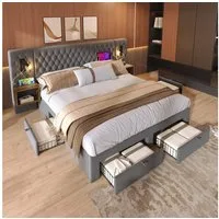 OKWISH Polsterbett Bettanlage Schlafzimmer Komplett Set (Doppelbett, 1-tlg., 180 ×200 cm, Ohne Matratze), mit 2 Nachttischen, 4 Schubladen, Leselicht mit USB Ladefunktion