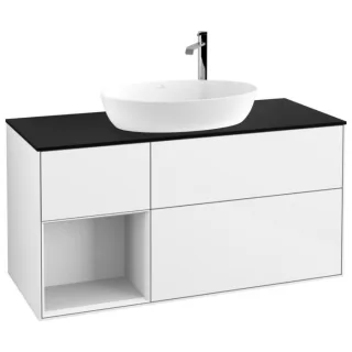 Villeroy und Boch Finion Waschtischunterschrank F942GFGF 120cm, Abdeckplatte black matt, Regale Glossy white lacquer, Glossy white lacquer