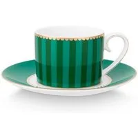 PiP Studio Espressotasse Love Birds Stripes Espressotasse m.U. grün 125ml, Porzellan, Espresso Cup & Saucer Love Birds Stripes Emerald-Green 125ml