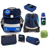 SCHOOL-MOOD® Schulranzen Timeless Air+ für Jungen von der 1. bis 4. Klasse (Set, 9-tlg), im HSV Stil mit Dose, Flasche und Patchies