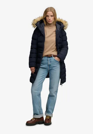 Superdry - Fuji Mittellanger Mantel mit Kunstfellkapuze dunkelmarineblau - Gr. - 10