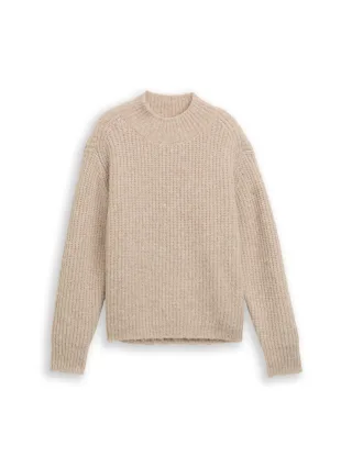 Denim Tom Tailor - Relaxed Fit Strickpullover mit Stehkragen cosy beige melange - Gr. - L