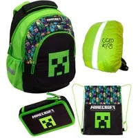 GOLDKIDS Schulranzen für Jungen und Mädchen, 4er-Set - (Schul-Rucksack für Kinder mit Federmäppchen, 1-tlg., - Schuhbeutel und Regenschutz), - Minecraft Motiv
