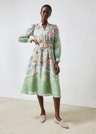 bonprix Midikleid aus Ramie (2 tlg.Set mit Gürtel), grün, Gr.48, romatisches Midikleid aus Ramie mit passendem Gürtel